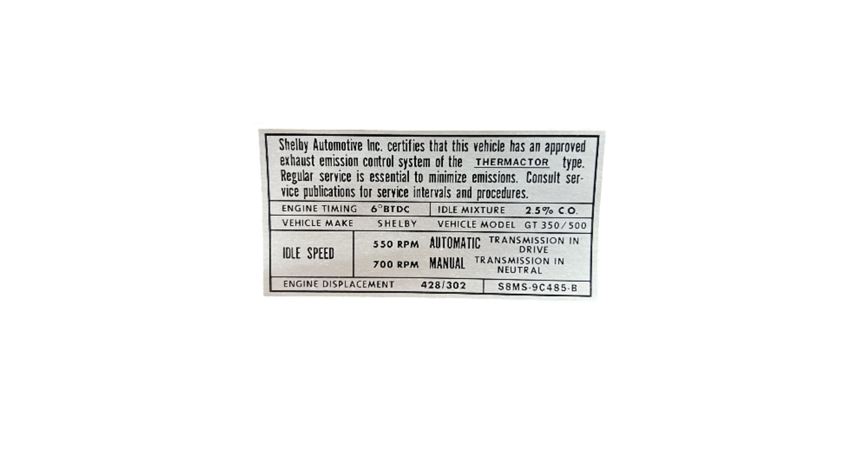 1968 Shelby Emissions AT/MT S8MS-9C485-B